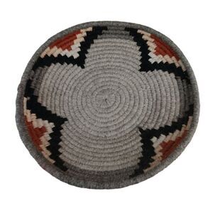 Navajo Coiled Wool Tribal Basket 10” Gray Black Red Clover Storage Centerpiece